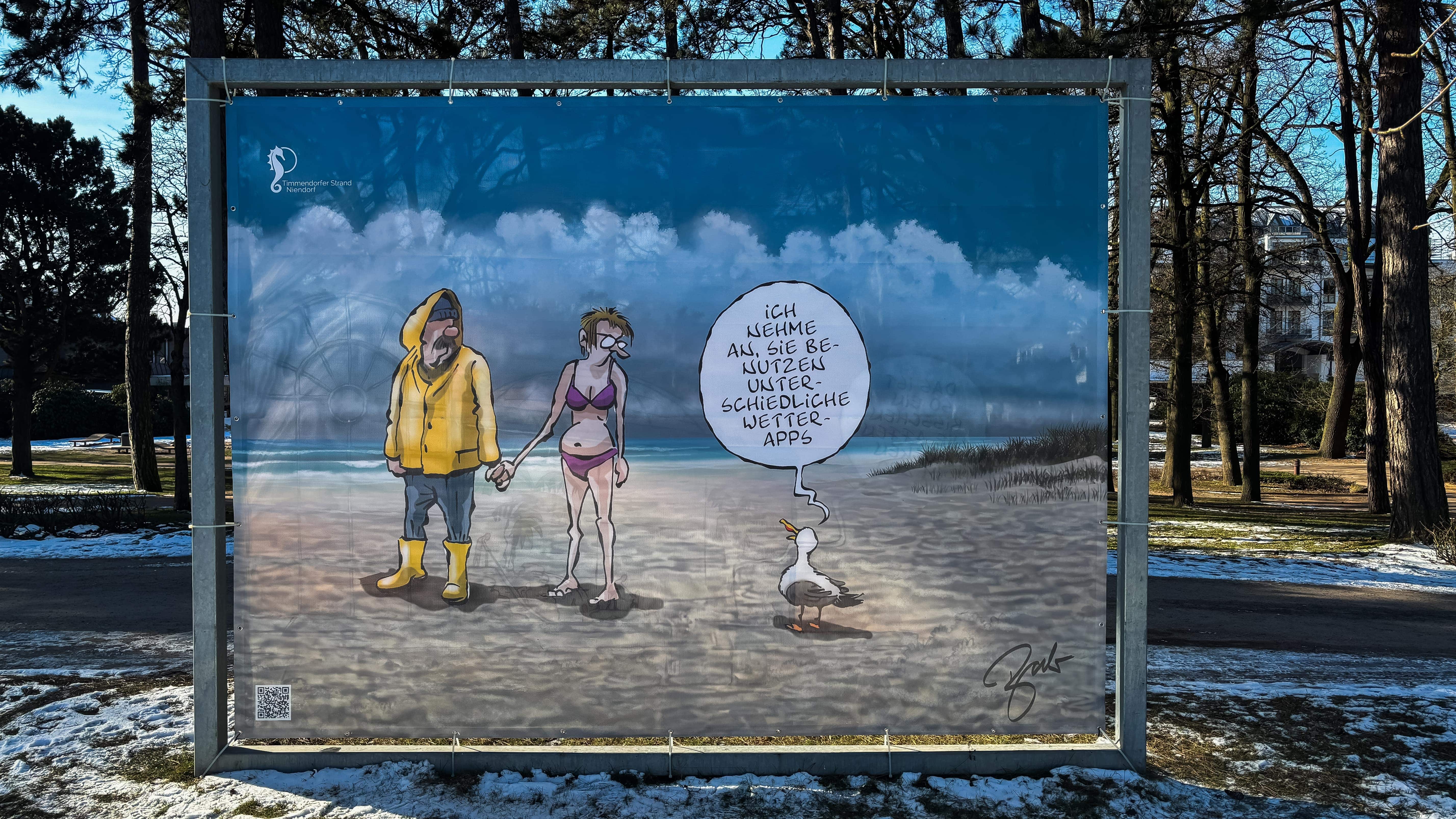 XXL-Cartoon von Frank Bahr. Mann und Frau unterhalten sich mit einer Möwe.