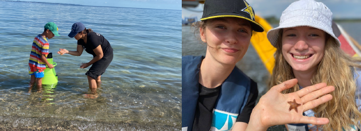 Kinder stehen im Wasser und halten einen kleinen Seestern auf der Hand 