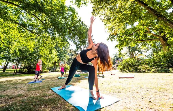 Frauen machen im Park Yoga-Übungen