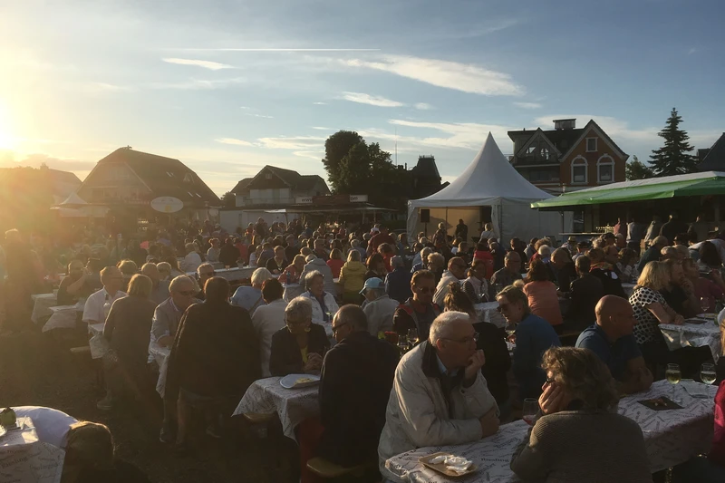Foto einer großen Besuchermenge draußen auf dem Weinfest
