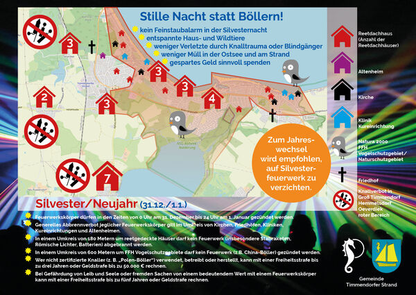 Übersichtskarte mit Böllerverbotszonen in der Gemeinde Timmendorfer Strand und Niendorf, sowie Hinweisen zum Verhalten am Silvesterabend.
