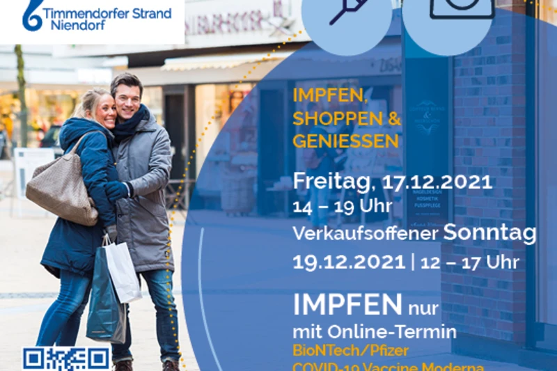 Informationsplakat zu Impfen, Shoppen und Genießen im Coronapandemiejahr 2021