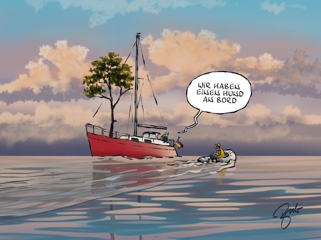 Ein Cartoon von einem Boot, auf dem ein Baum steht und einem kleinen Motorboot davor. Der Mann sagt: "Wir haben einen Hund an Board."