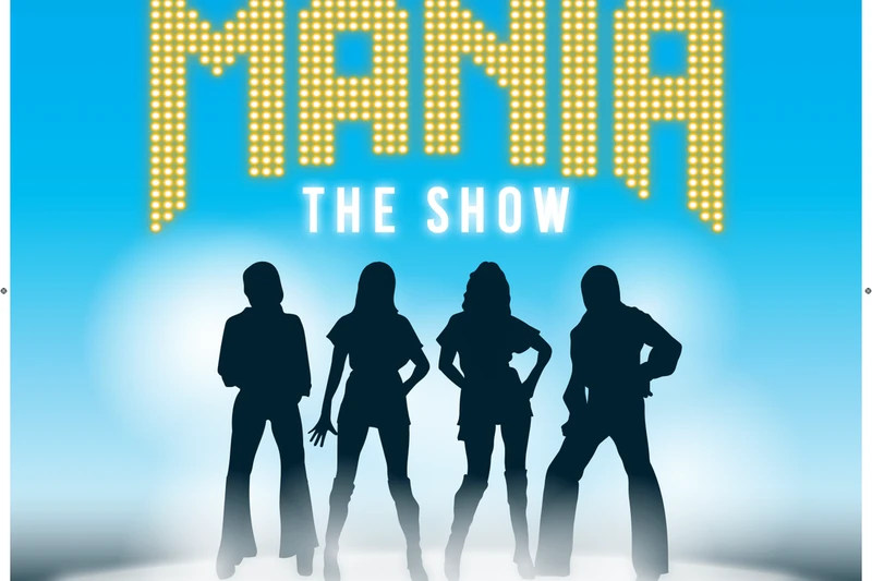 Plakat von Abba-Mania mit Silhouetten von vier Personen auf einer Bühne
