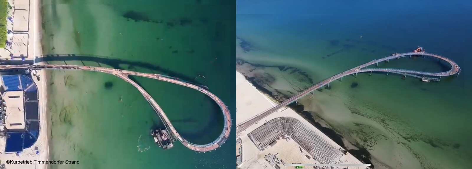 Die Seebrücke in Form eines Lassos aus der Vogelperspetive