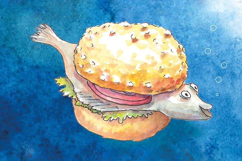 Zeichnung eines Fisches zwischen einem Brötchen