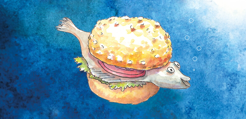 Zeichnung eines Fisches zwischen einem Brötchen