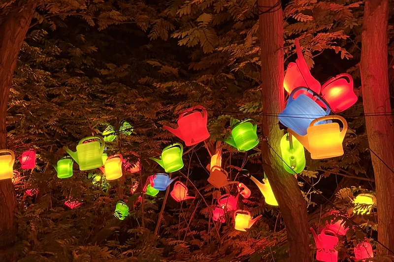 In den Bäumen hängen Bunte beleuchtete Gieskannen