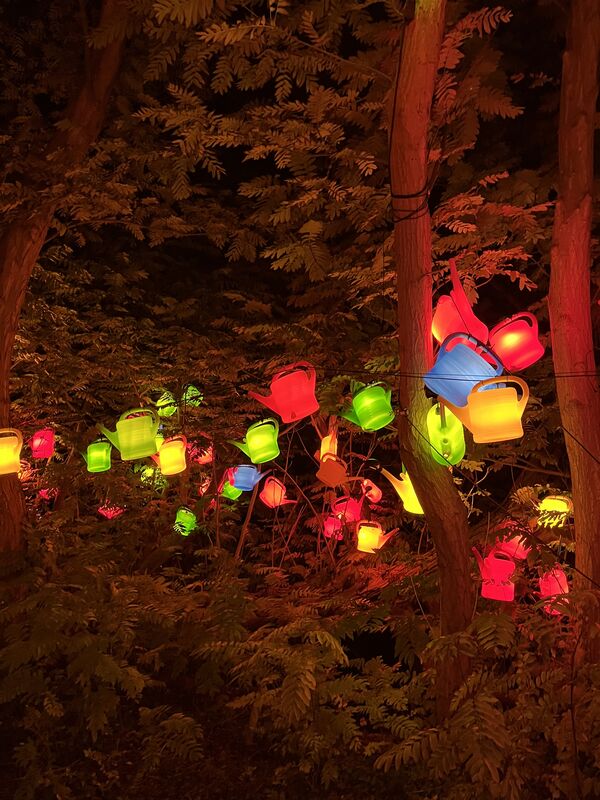 In den Bäumen hängen Bunte beleuchtete Gieskannen