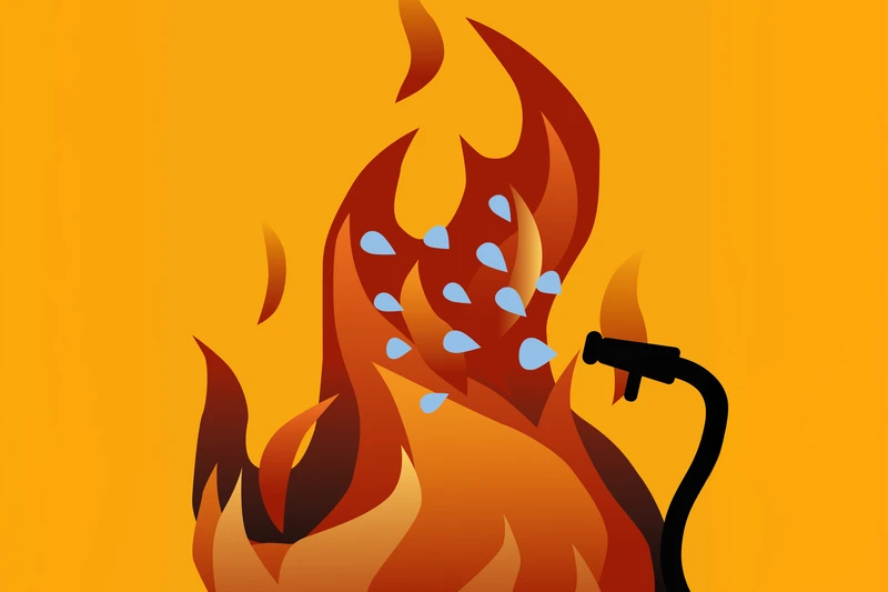 Illustration eines Feuers vor orangenem Hintergrund mit einem Feuerwehrschlauch
