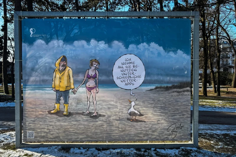 XXL-Cartoon von Frank Bahr. Mann und Frau unterhalten sich mit einer Möwe. 