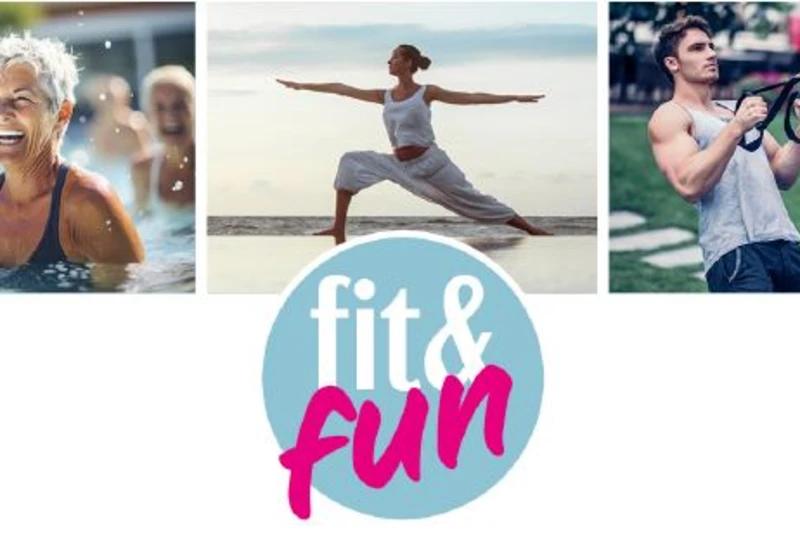 Dreigeteiltes Bild. Eine Frau in einem Schwimmbecken, eine Frau macht Yoga am Strand und zwei Personen in einem Fitnesspark.