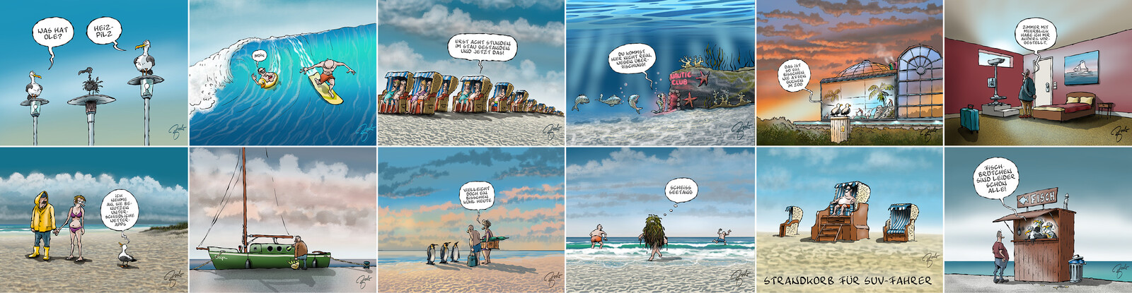 zwölf Cartoons des Cortoonisten Frank Bahr aus Scharbeutz