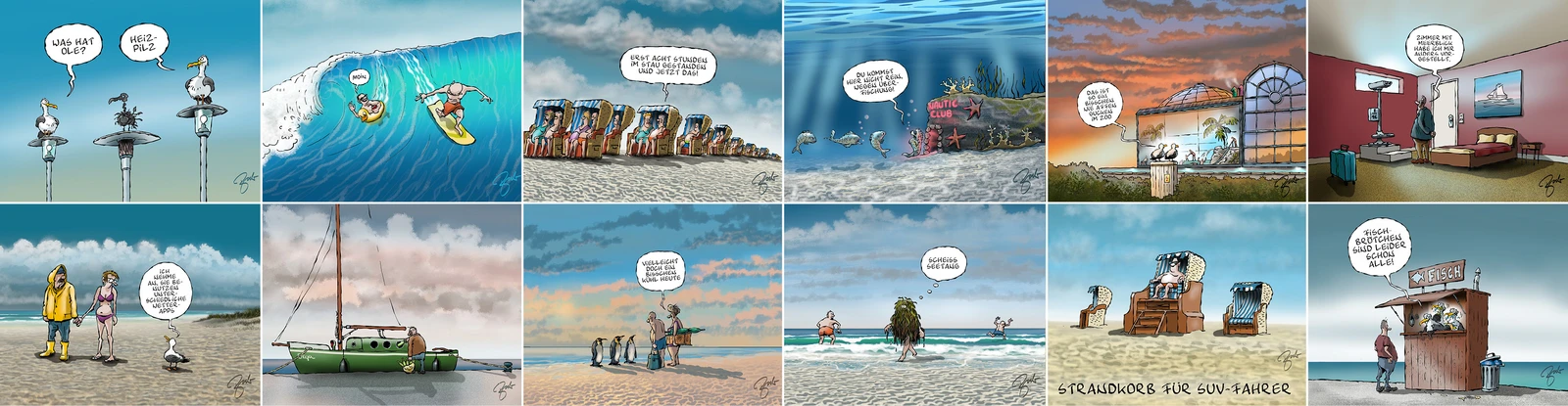 zwölf Cartoons des Cortoonisten Frank Bahr aus Scharbeutz