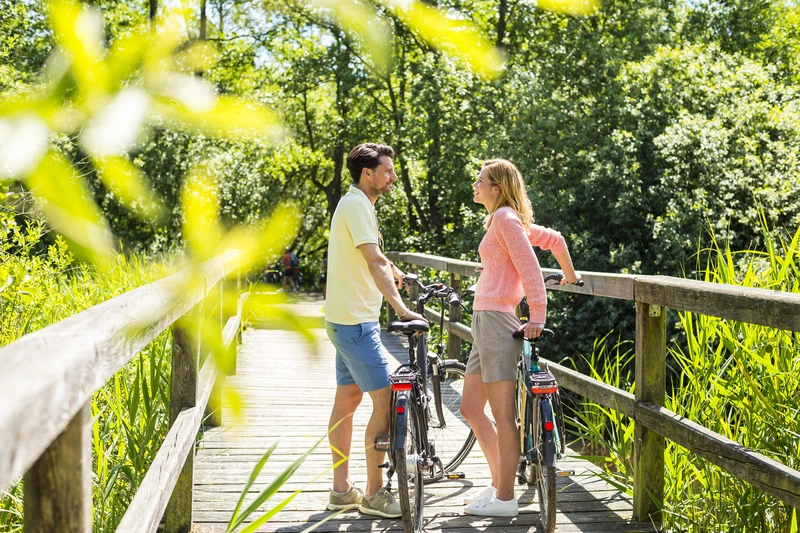 Mann und Frau mit Fahrrädern pausieren auf Brücke im Grünen