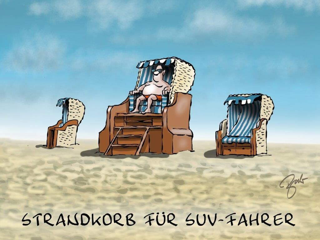 Ein Cartoon von 3 Strandkörben, von denen einer extra groß ist. In ihm sitzt ein Mann mit Sonnenbrille. Die Bildunterschrift lautet: Strandorb für SUV-Fahrer