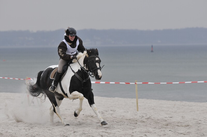Eine Reiterin galloppiert mit Ihrem Pony über den Strand 