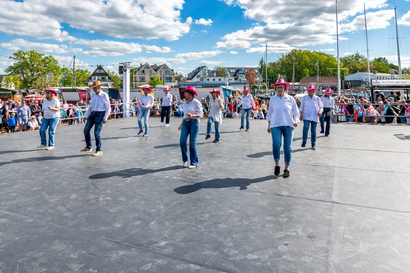 Eine Gruppe Line Dancer mit pinken Cowboyhüten auf einer großen Bühne