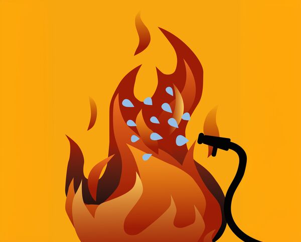 Illustration eines Feuers vor orangenem Hintergrund mit einem Feuerwehrschlauch