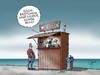 Ein Cartoon von einem Mann, der vor einer Fischhütte mit drei Möwen steht. Eine der Möwen sagt: " Fischbrötchen sind leider schon alle!"