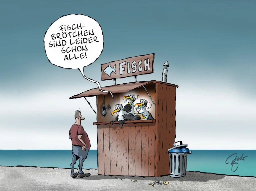 Ein Cartoon von einem Mann, der vor einer Fischhütte mit drei Möwen steht. Eine der Möwen sagt: " Fischbrötchen sind leider schon alle!"