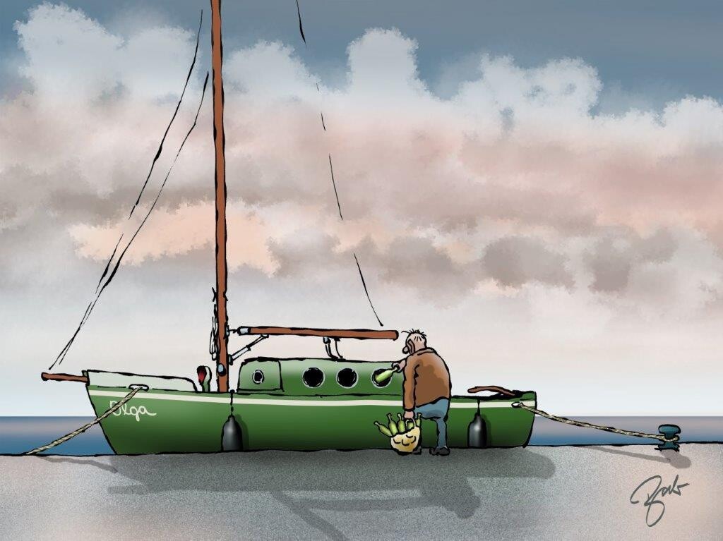 Ein Cartoon von einem Boot , das vor Anker liegt und die Farben einem Glascontainer hat. EIn Mann wirft eine Flasche in eines der Fenster.