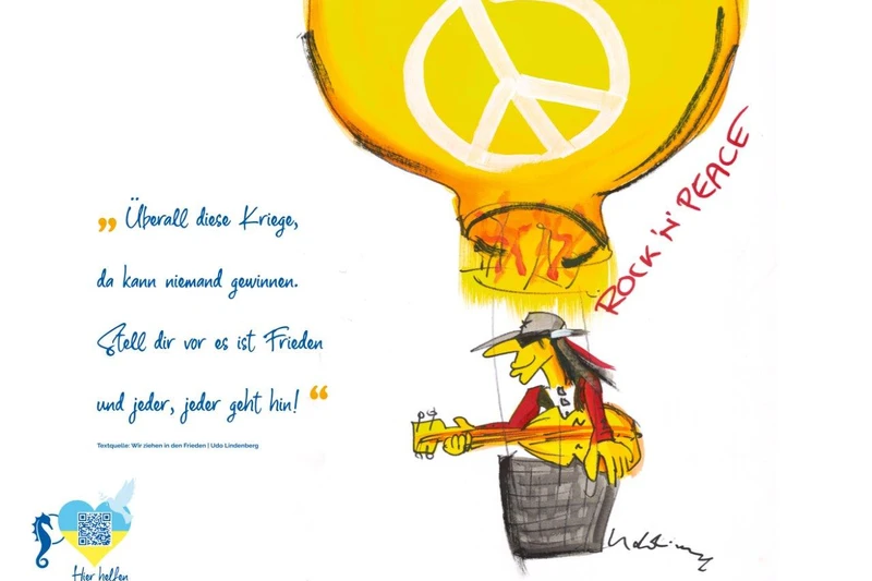 Motiv Udo Lindenberg Karikatur mit Gitarre in einem gelben Heißluftballon mit Peace Zeichen drauf