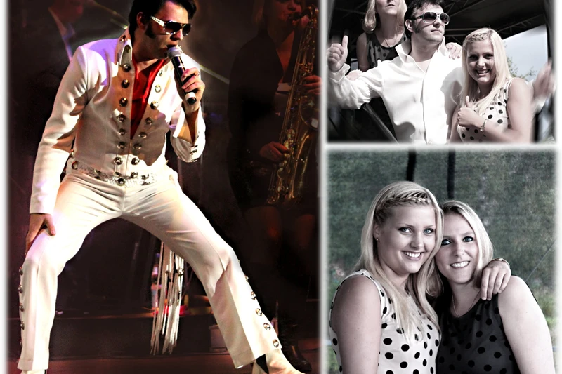 Collage von Personen in Siebziger Jahre Kleidung und Elvis Verkleidung