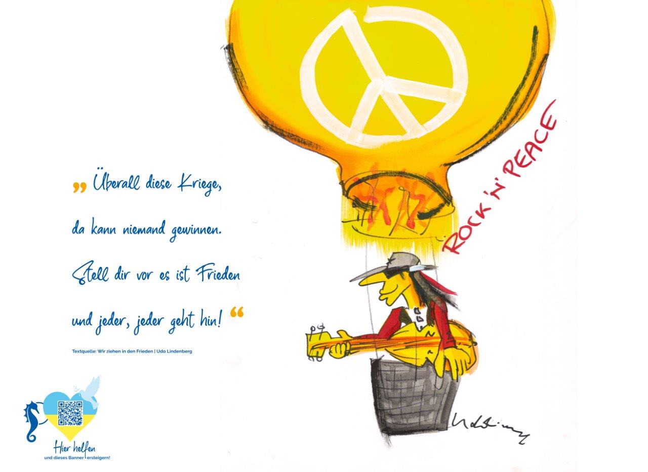 Motiv Udo Lindenberg Karikatur mit Gitarre in einem gelben Heißluftballon mit Peace Zeichen drauf