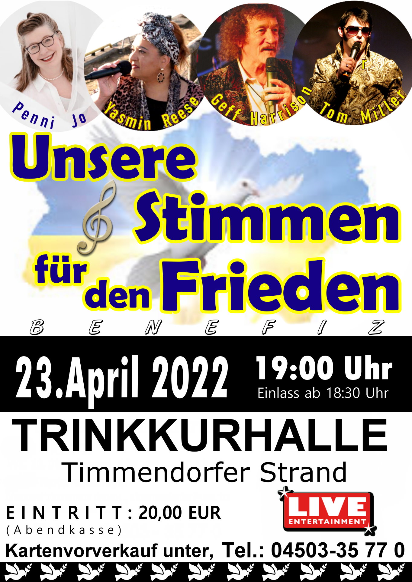 Plakat Benefizkonzert Stimmen für den Frieden am 23. April 2022 um 19 Uhr in der Trinkkurhalle