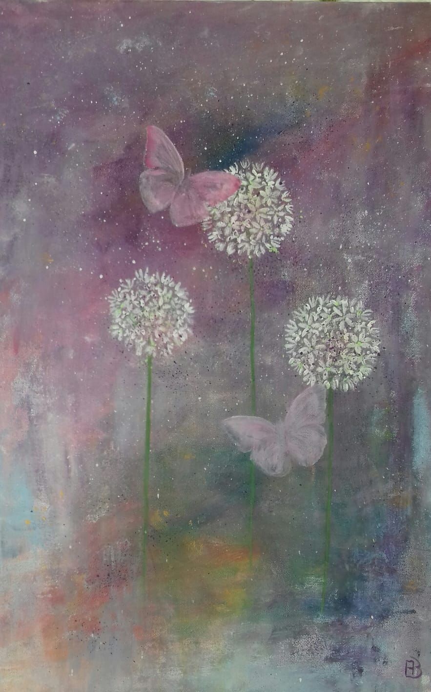 Gemaltes Bild mit Pusteblumen und Schmetterlingen