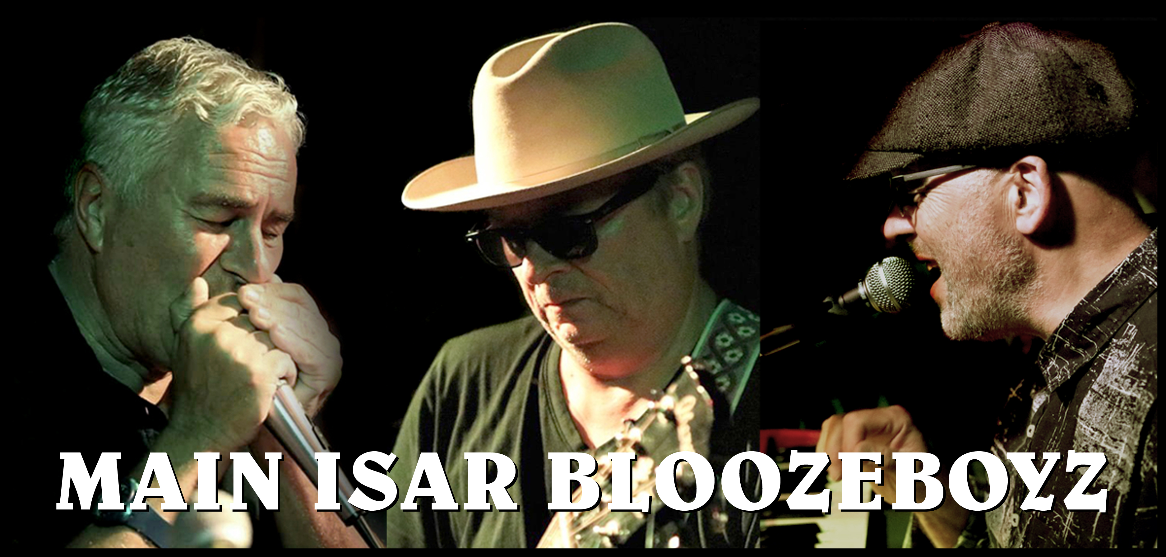 Drei Männer in Nahaufnahme auf einer Bühne mit Mikrofonen und Gitarre. Sie tragen Sonnenbrillen und Hüte und darunter steht Main Isar Bloozeboyz