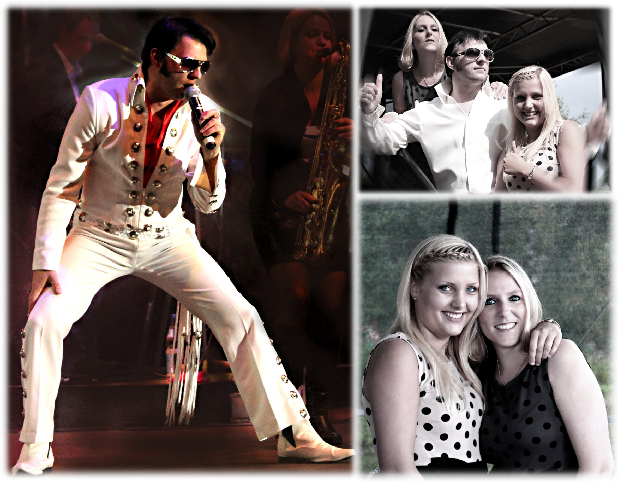 Collage von Personen in Siebziger Jahre Kleidung und Elvis Verkleidung